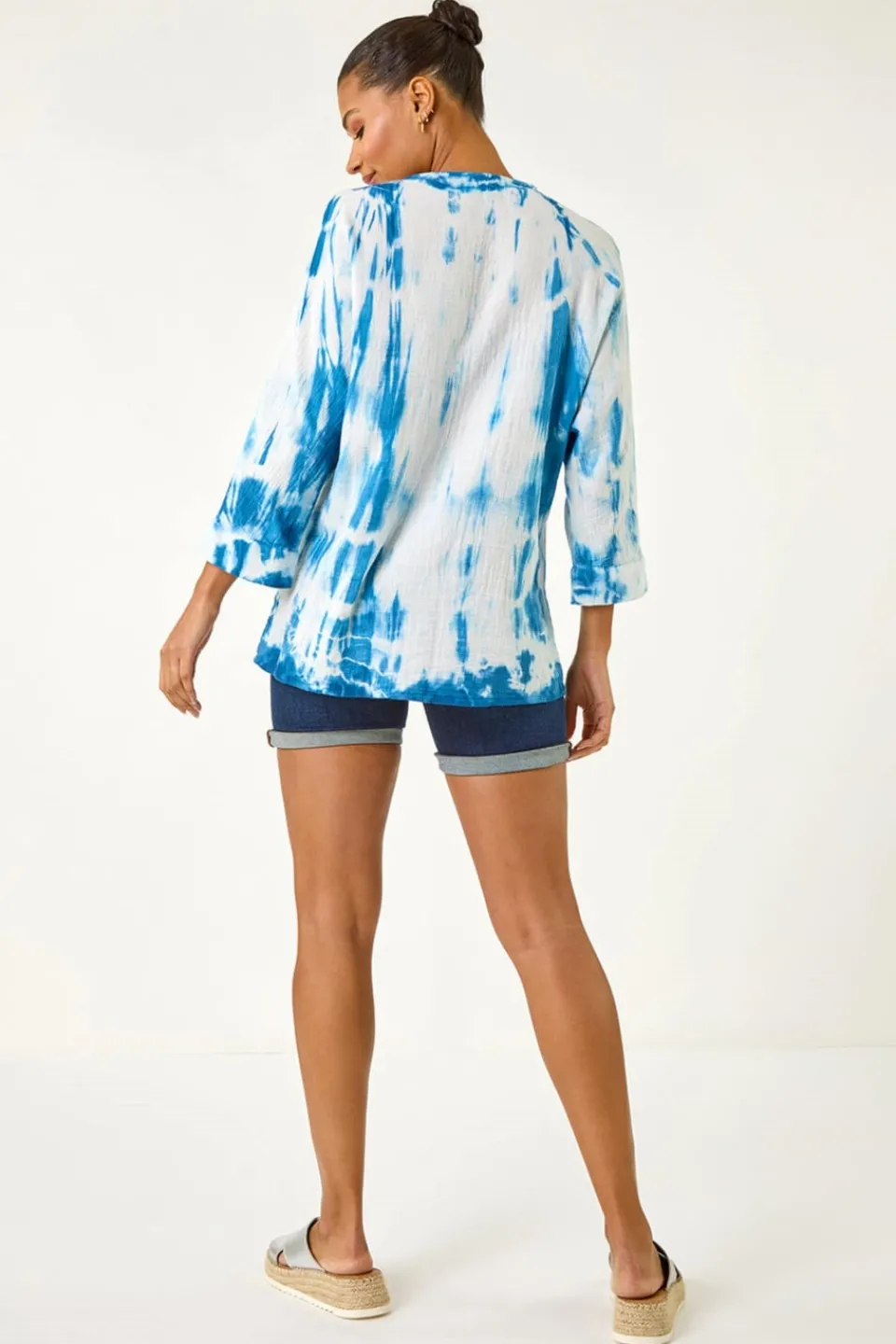 Tops>Roman Blue Tie Dye Print V Neck Tunic Top