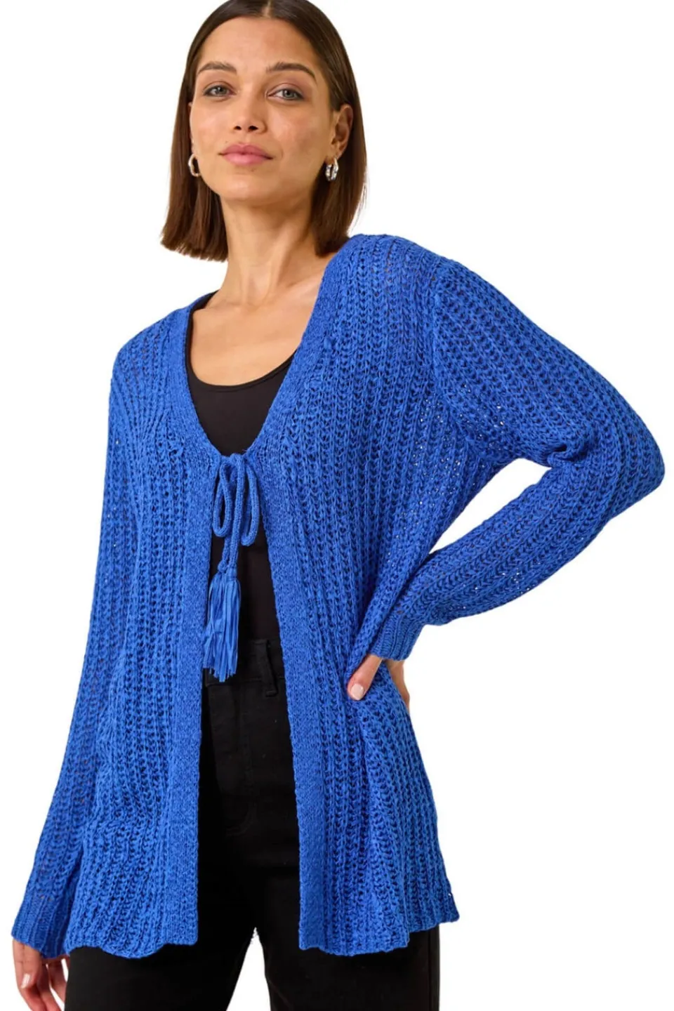 Tops>Roman Blue Tie Front Knit Cardigan