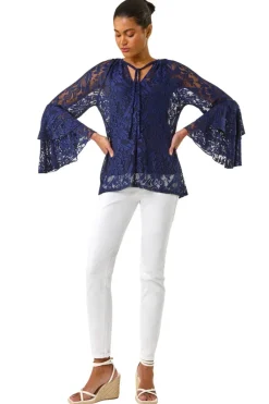 Tops>Roman Blue Tie Neck Lace Detail Top