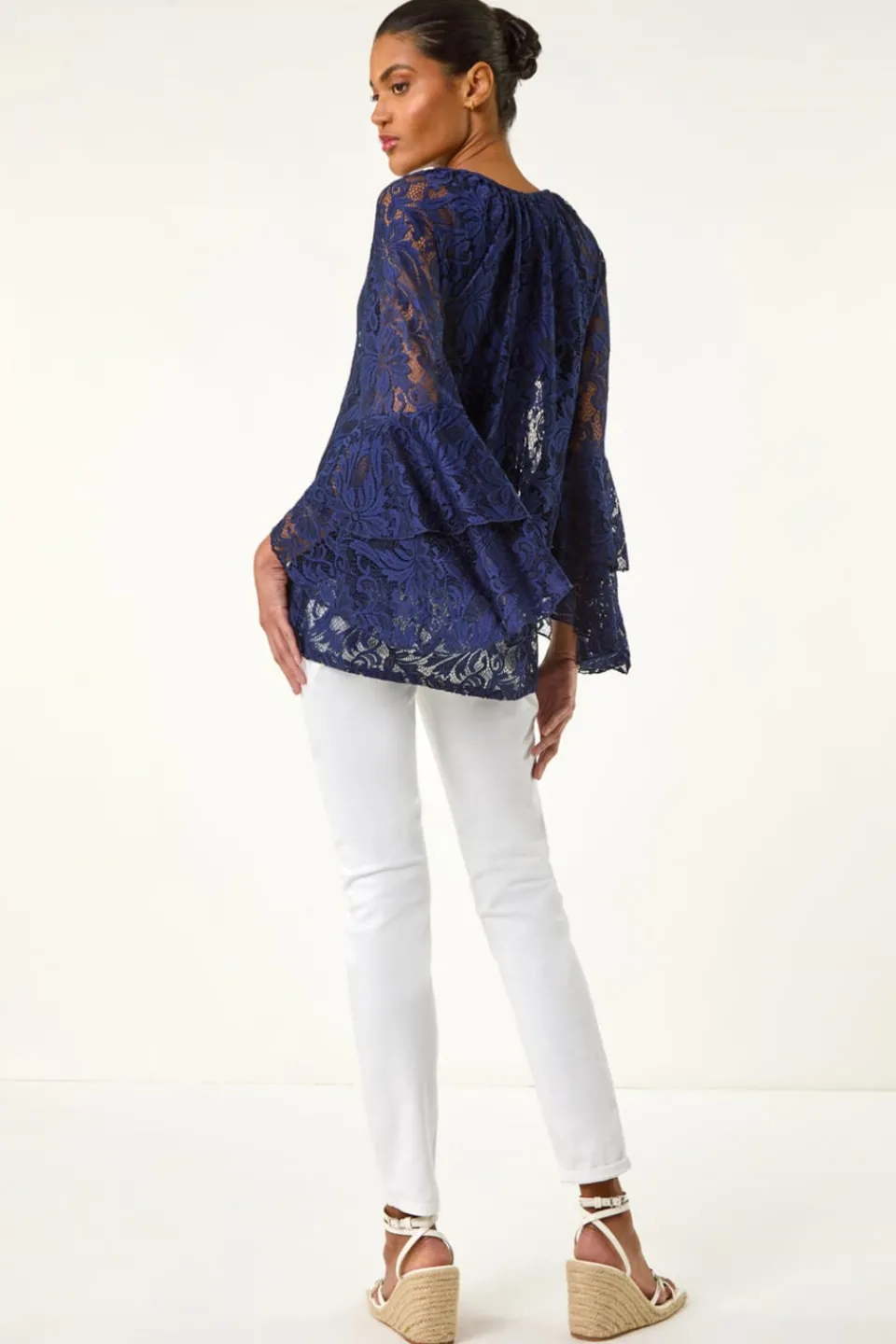 Tops>Roman Blue Tie Neck Lace Detail Top