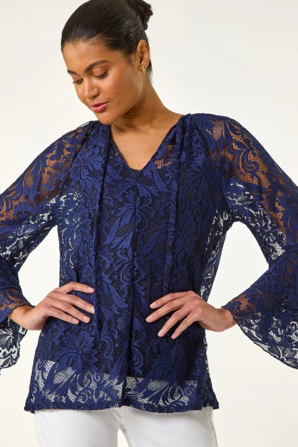 Tops>Roman Blue Tie Neck Lace Detail Top
