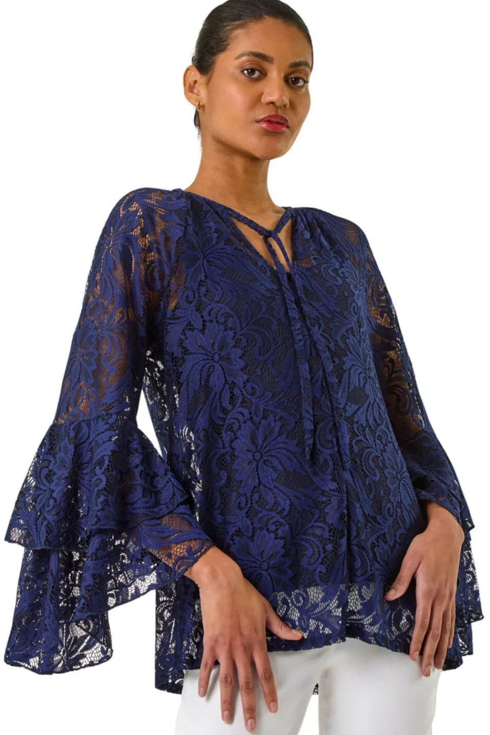 Tops>Roman Blue Tie Neck Lace Detail Top