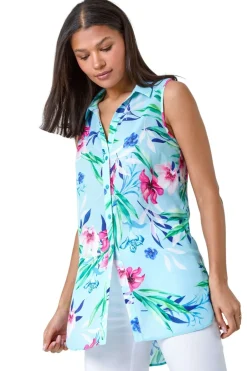 Blouses & Shirts>Roman Blue Tropical Floral Sleeveless Button Blouse