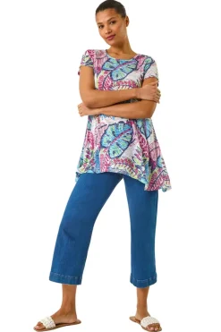 T-Shirts>Roman Blue Tropical Leaf Print Burnout Top