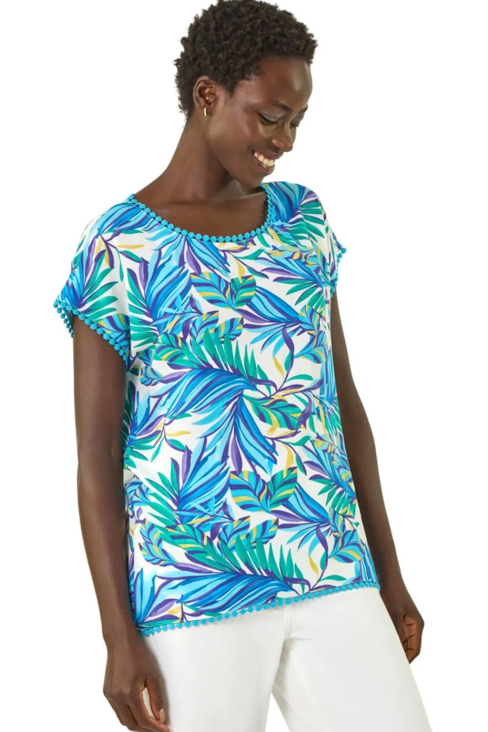 T-Shirts>Roman Blue Tropical Leaf Bobble Trim Top