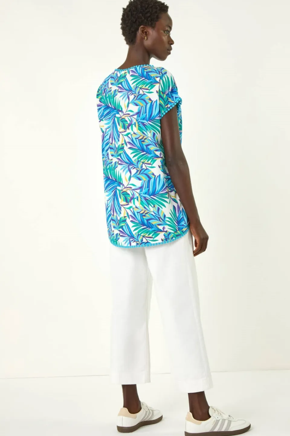 T-Shirts>Roman Blue Tropical Leaf Bobble Trim Top