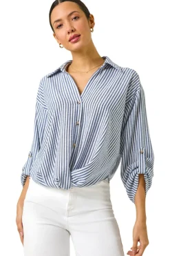 Blouses & Shirts>Roman Blue Twisted Hem Striped Shirt