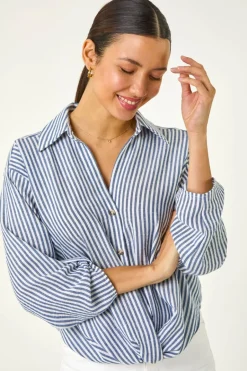 Blouses & Shirts>Roman Blue Twisted Hem Striped Shirt