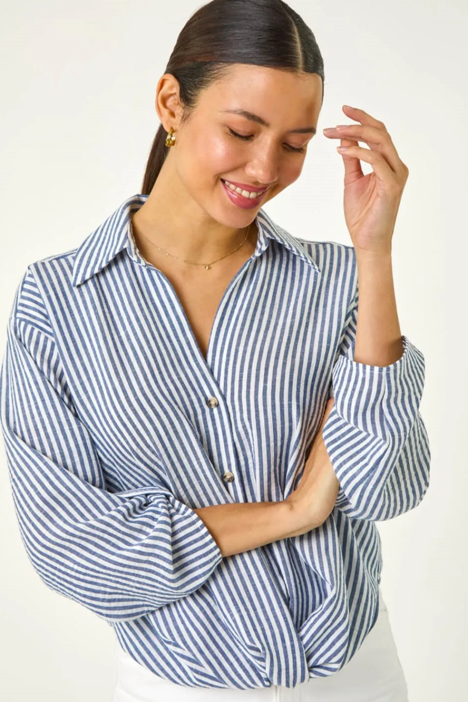 Blouses & Shirts>Roman Blue Twisted Hem Striped Shirt