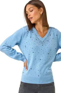 Tops>Roman Blue V-Neck Sparkle Hotfix Knit Jumper