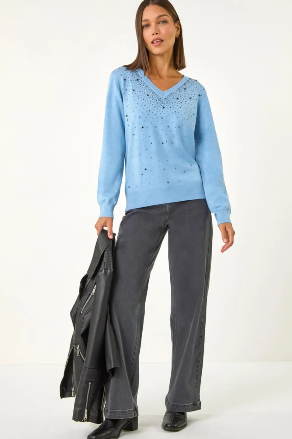 Tops>Roman Blue V-Neck Sparkle Hotfix Knit Jumper