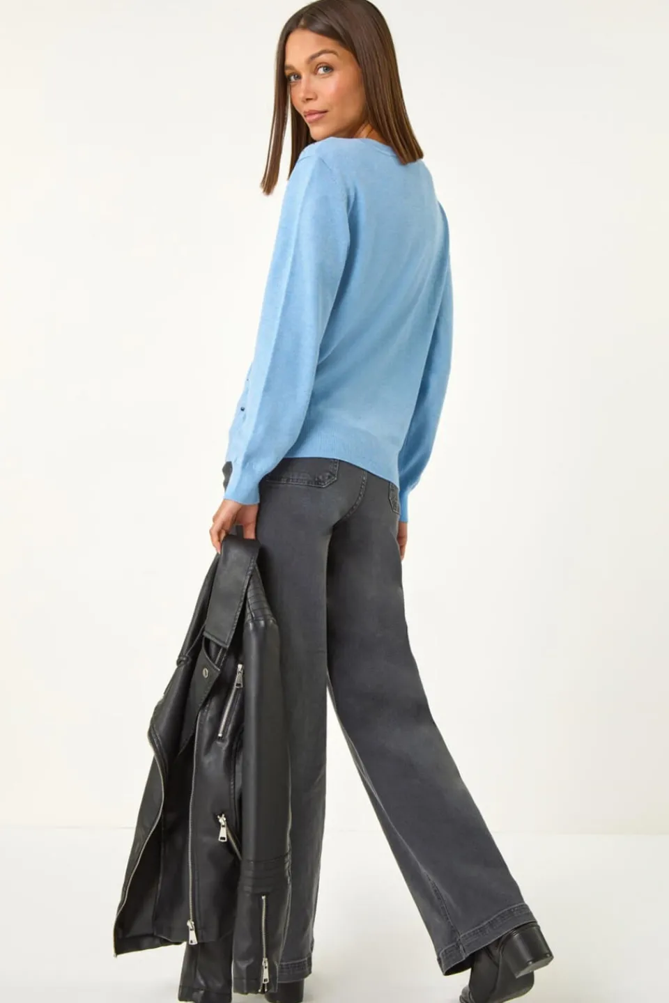 Tops>Roman Blue V-Neck Sparkle Hotfix Knit Jumper