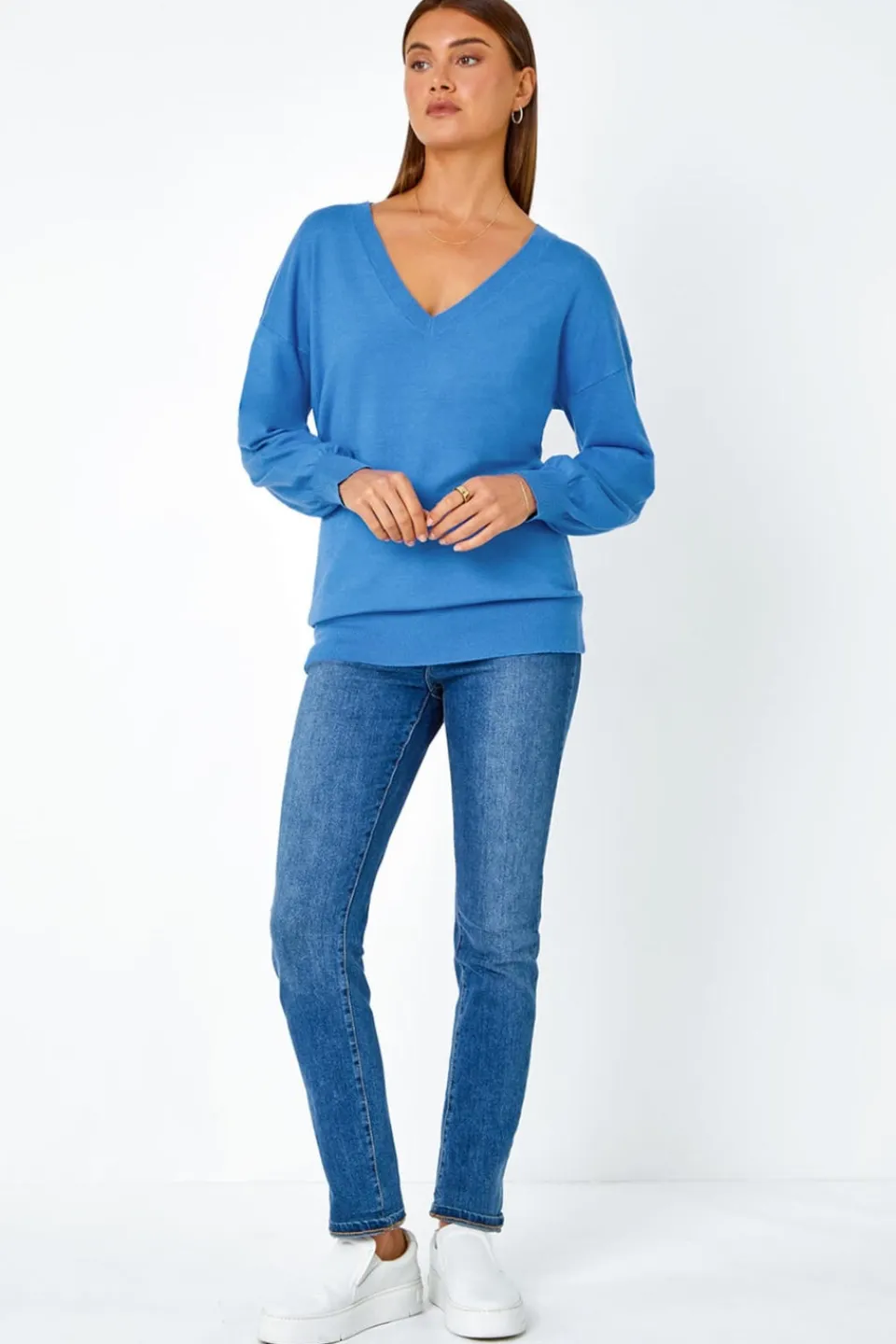 Tops>Roman V-Neck Stretch Jumper Blue