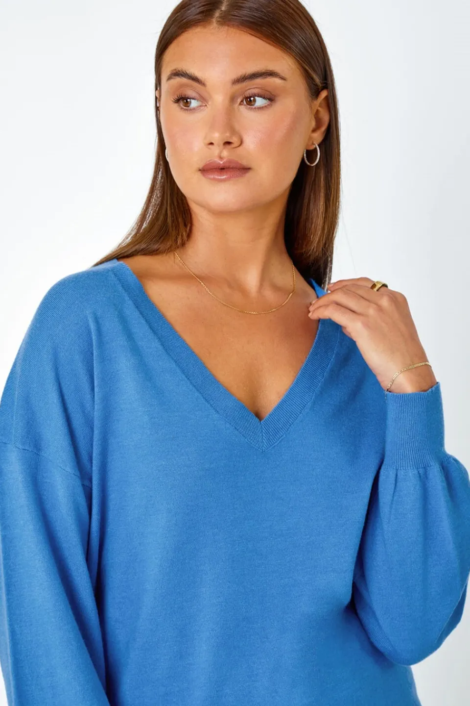 Tops>Roman V-Neck Stretch Jumper Blue