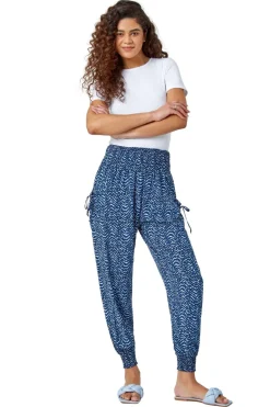 Trousers>Roman Blue Wave Print Elastic Waist Hareem Trousers