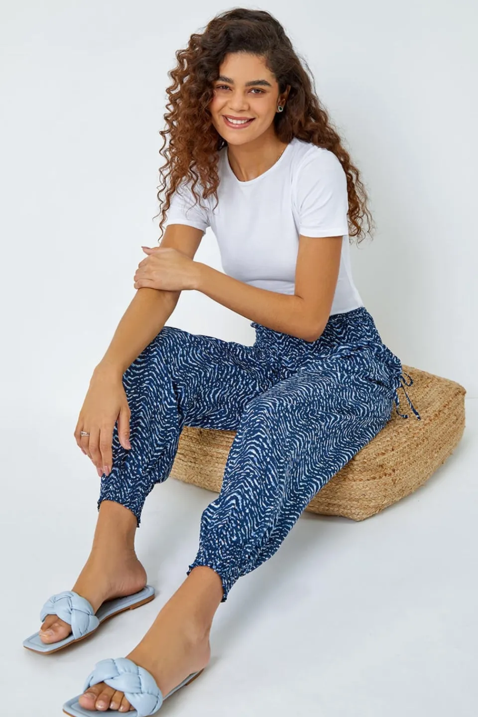 Trousers>Roman Blue Wave Print Elastic Waist Hareem Trousers