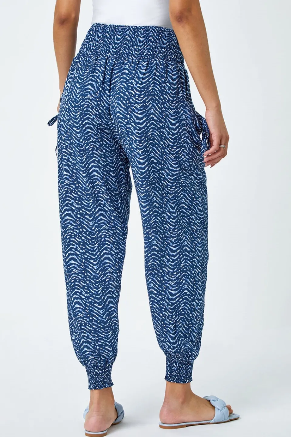 Trousers>Roman Blue Wave Print Elastic Waist Hareem Trousers