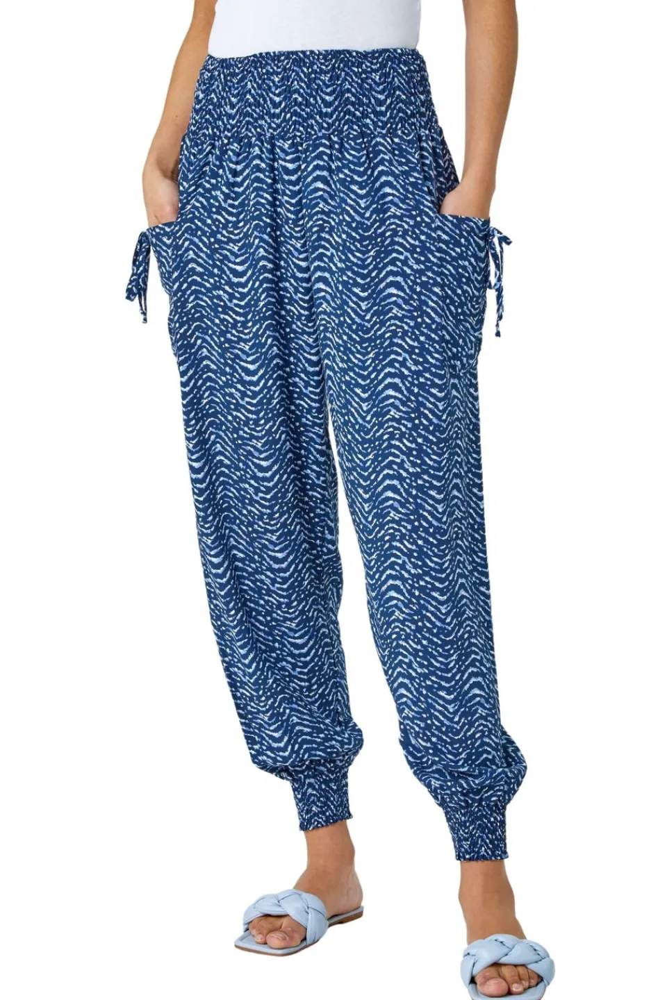 Trousers>Roman Blue Wave Print Elastic Waist Hareem Trousers