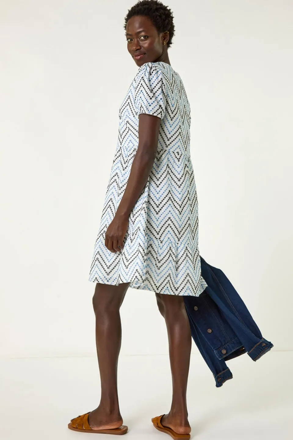 Dresses>Roman Blue Zig-Zag Embroidered Cotton Tunic Dress