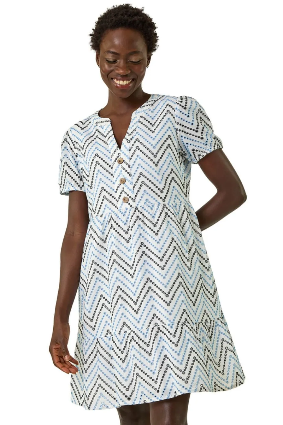 Dresses>Roman Blue Zig-Zag Embroidered Cotton Tunic Dress