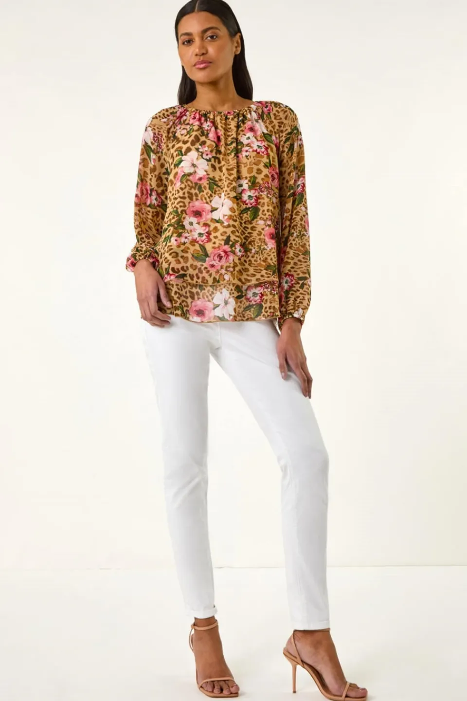 Tops>Roman Brown Animal Floral Print Tunic Top