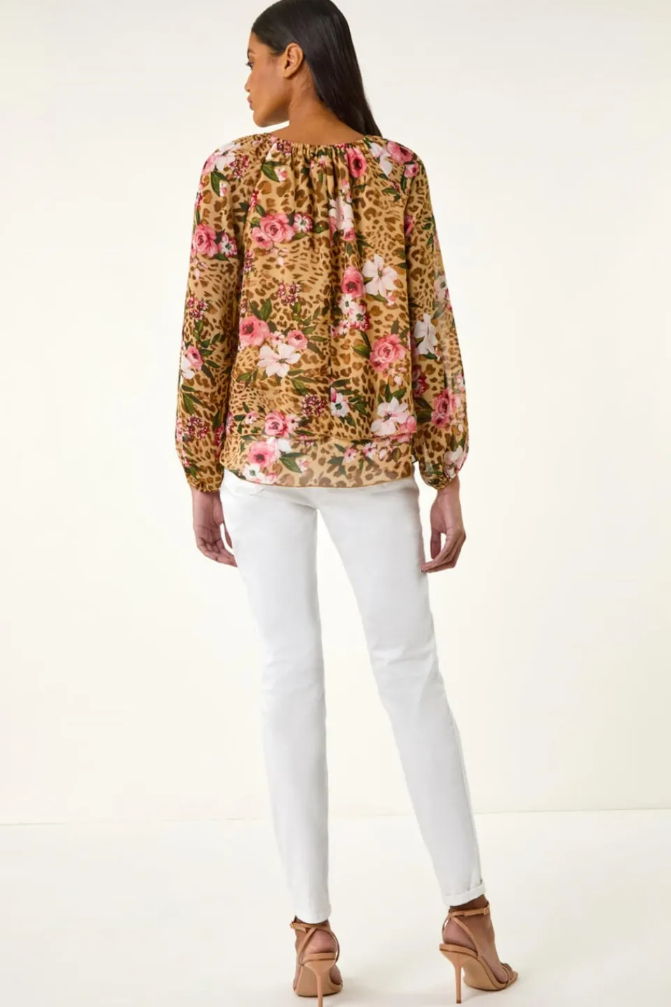 Tops>Roman Brown Animal Floral Print Tunic Top