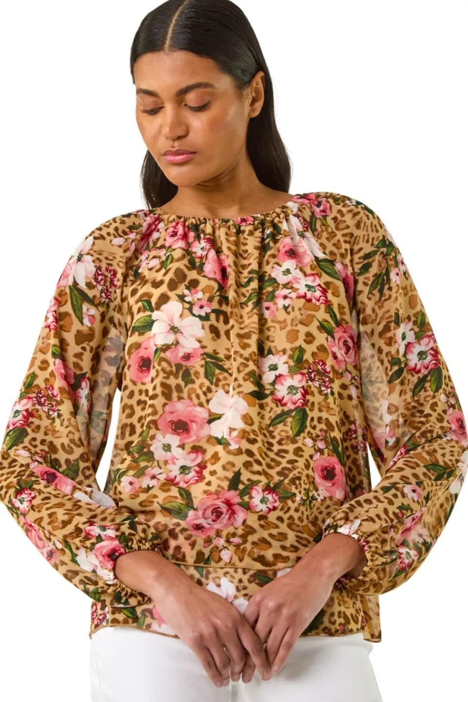 Tops>Roman Brown Animal Floral Print Tunic Top