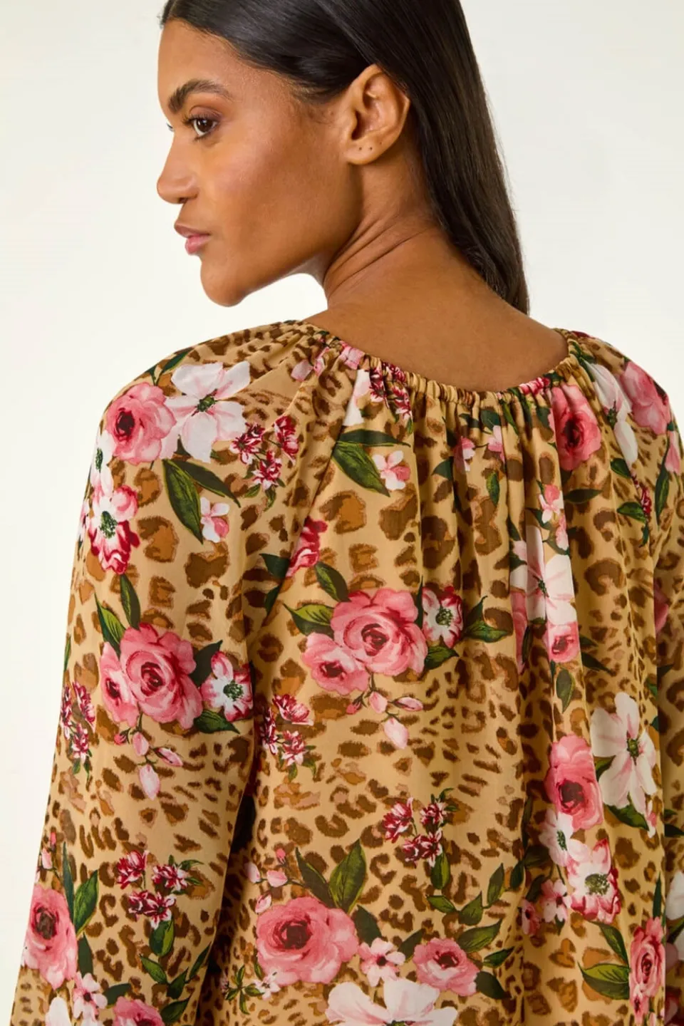 Tops>Roman Brown Animal Floral Print Tunic Top