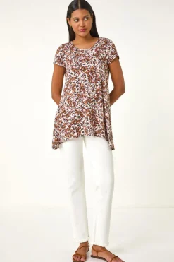 Tops>Roman Brown Animal Print Hanky Hem Stretch Top