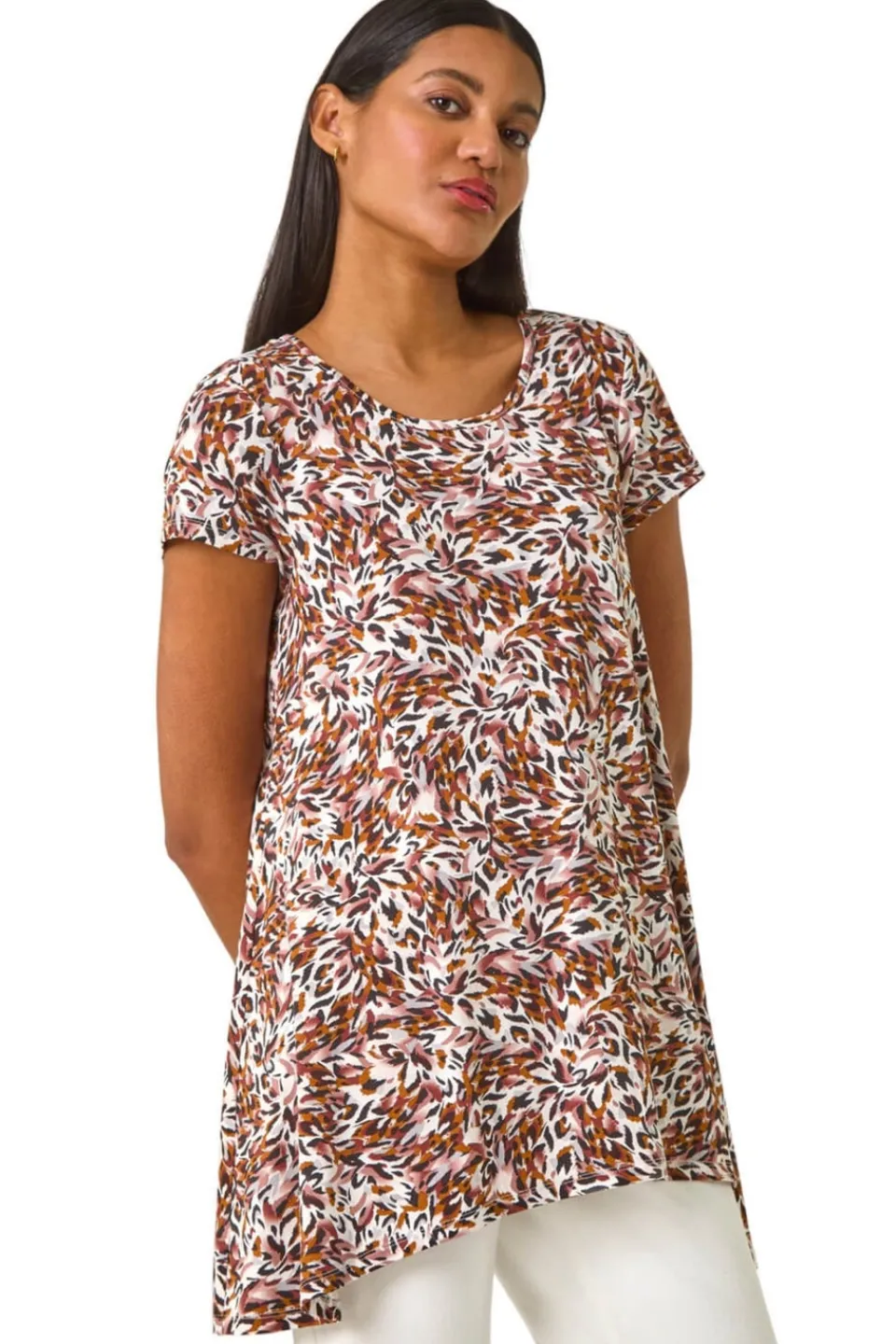 Tops>Roman Brown Animal Print Hanky Hem Stretch Top