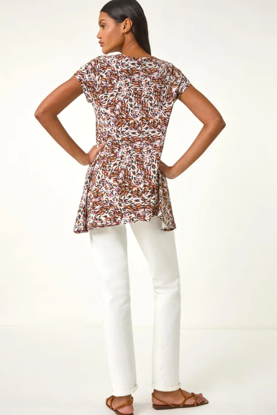 Tops>Roman Brown Animal Print Hanky Hem Stretch Top