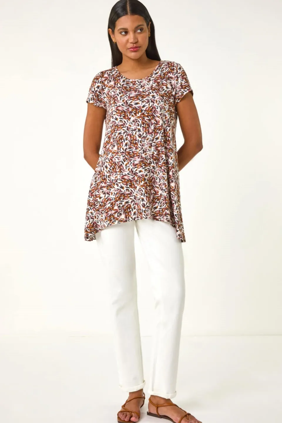 Tops>Roman Brown Animal Print Hanky Hem Stretch Top