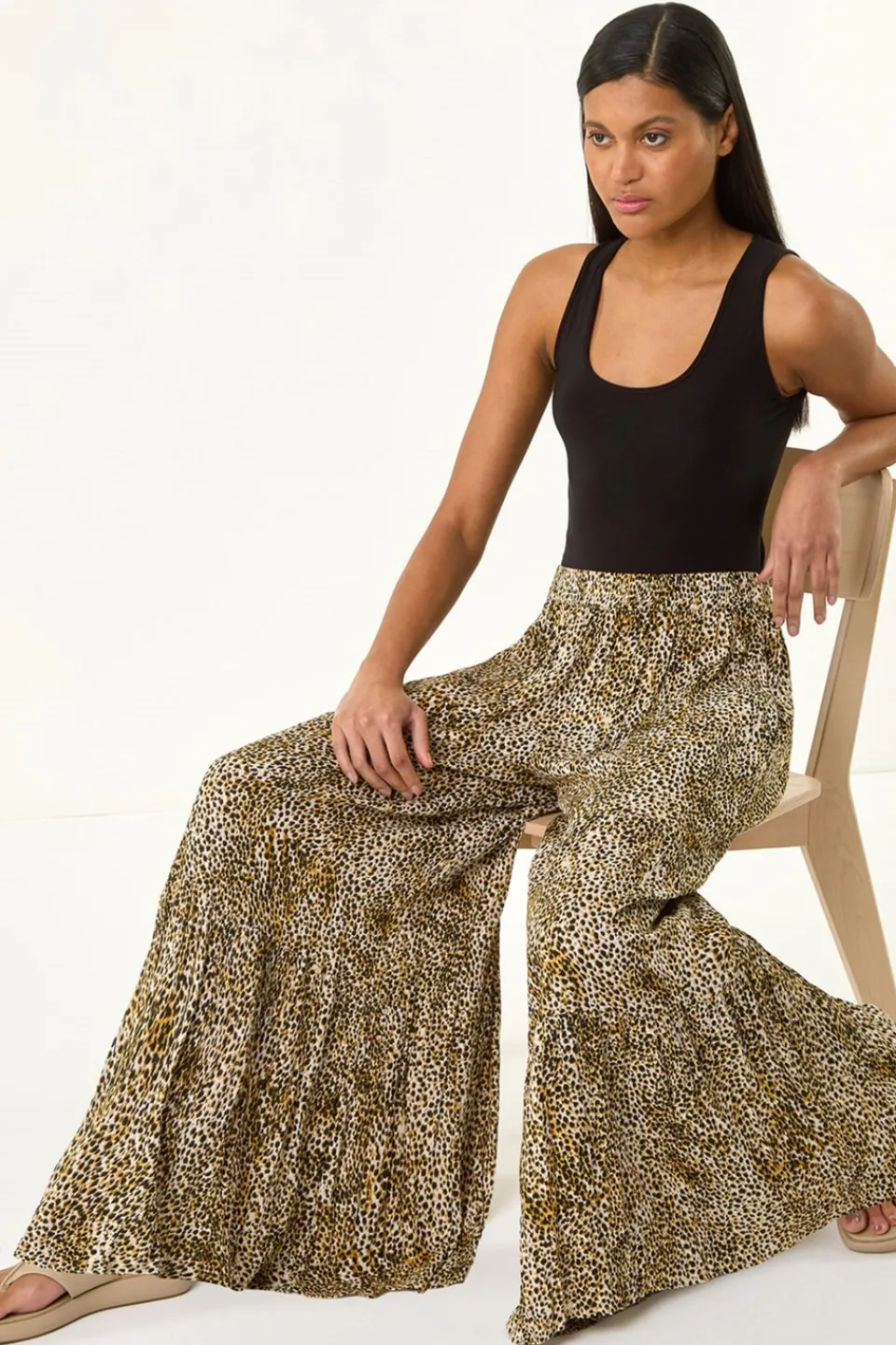 Trousers>Roman Brown Animal Print Tiered Palazzo Trouser