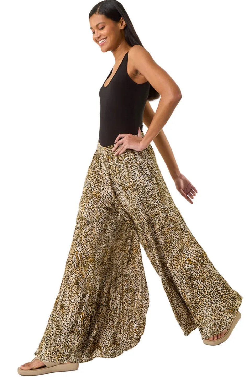 Trousers>Roman Brown Animal Print Tiered Palazzo Trouser