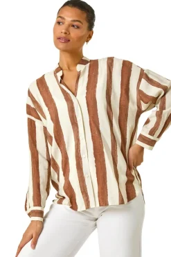Tops>Roman Brown Stripe Print Relaxed Button Shirt