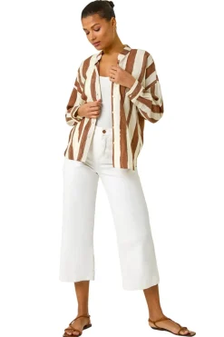 Tops>Roman Brown Stripe Print Relaxed Button Shirt