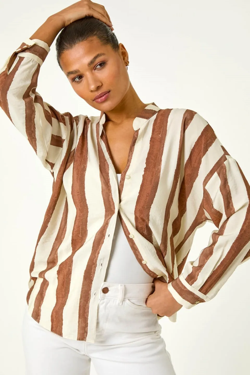 Tops>Roman Brown Stripe Print Relaxed Button Shirt