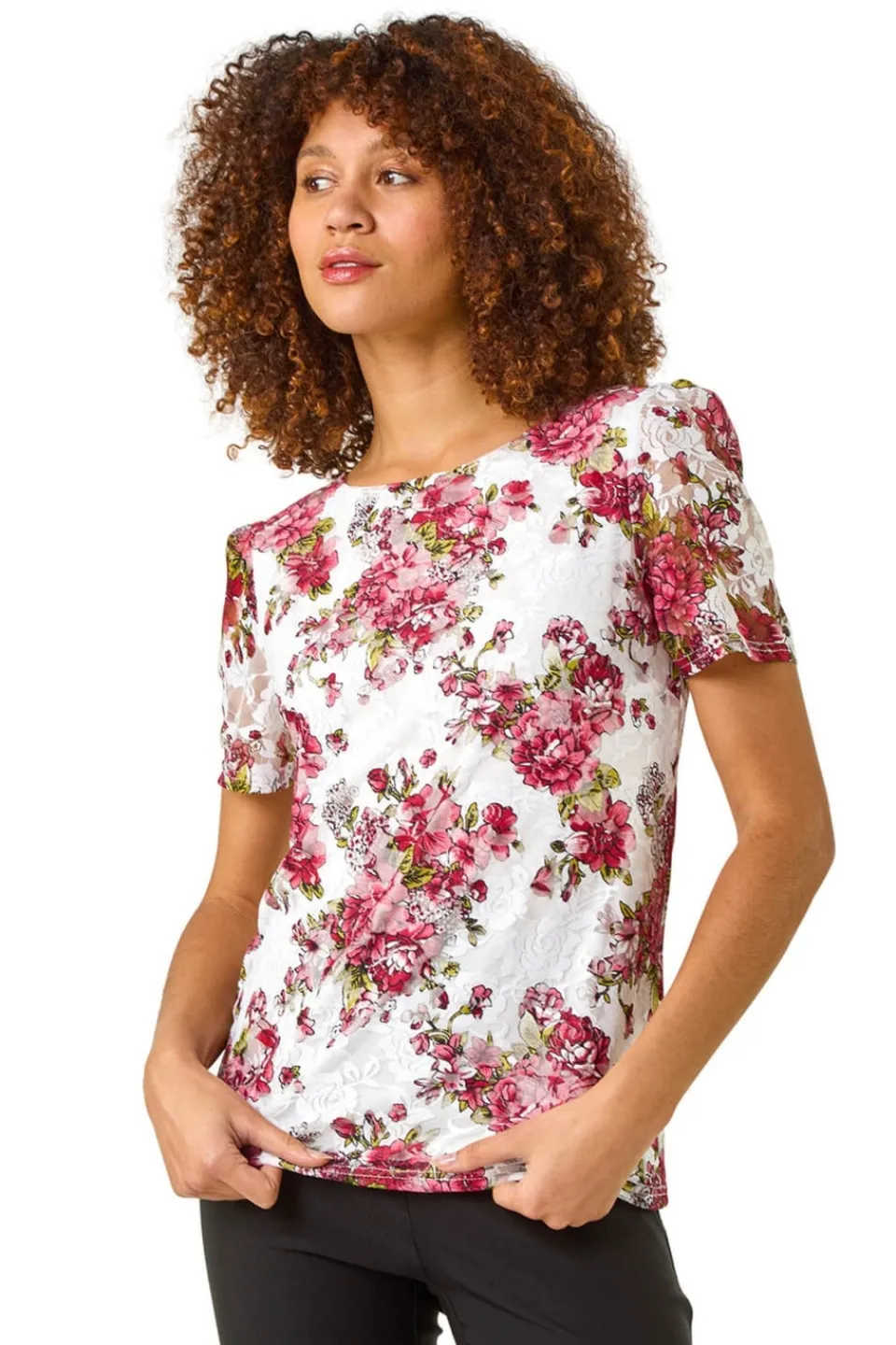 T-Shirts>Roman Burgundy Floral Print Lace Stretch Top