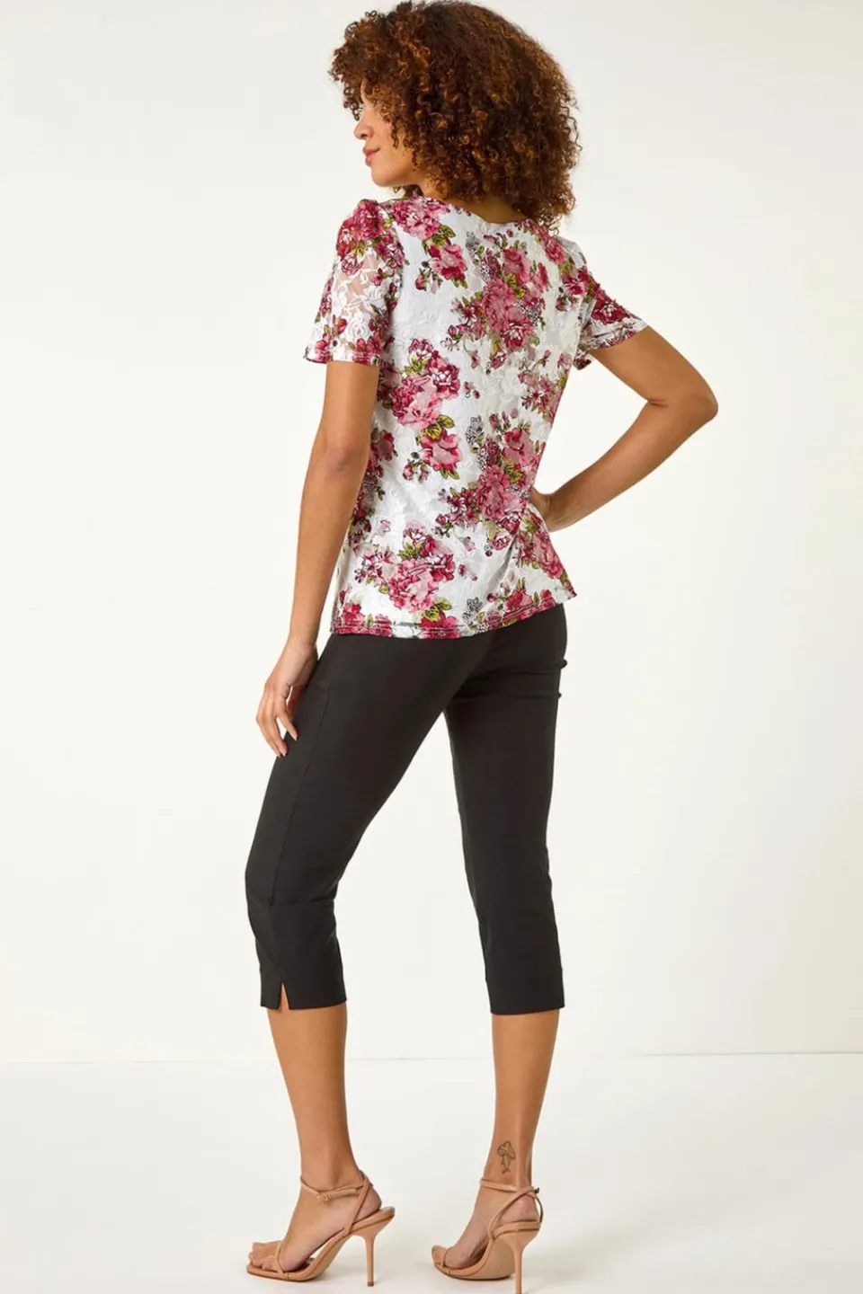 T-Shirts>Roman Burgundy Floral Print Lace Stretch Top