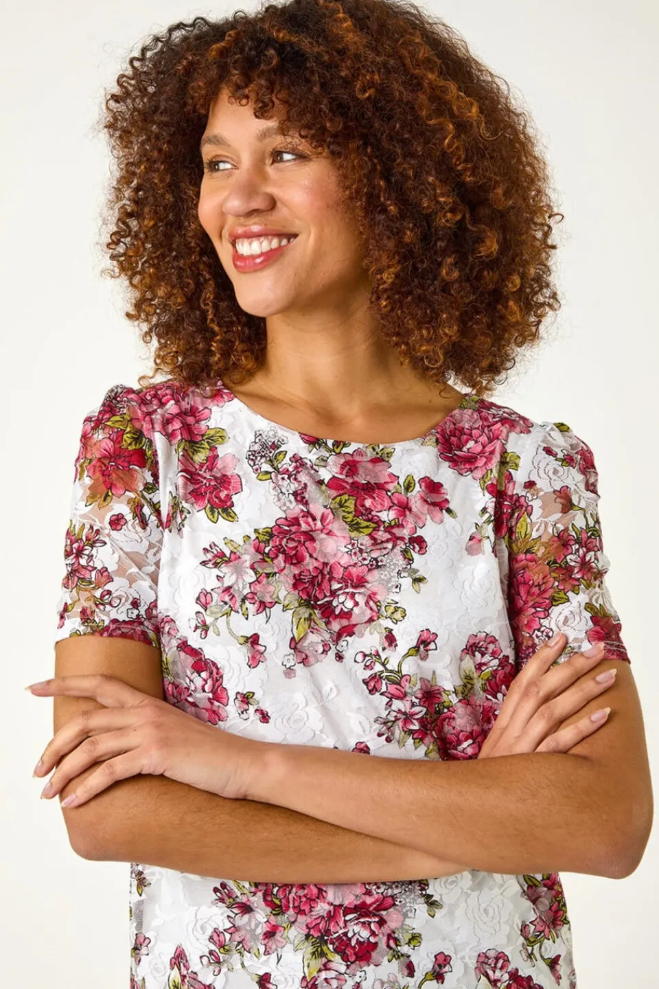 T-Shirts>Roman Burgundy Floral Print Lace Stretch Top
