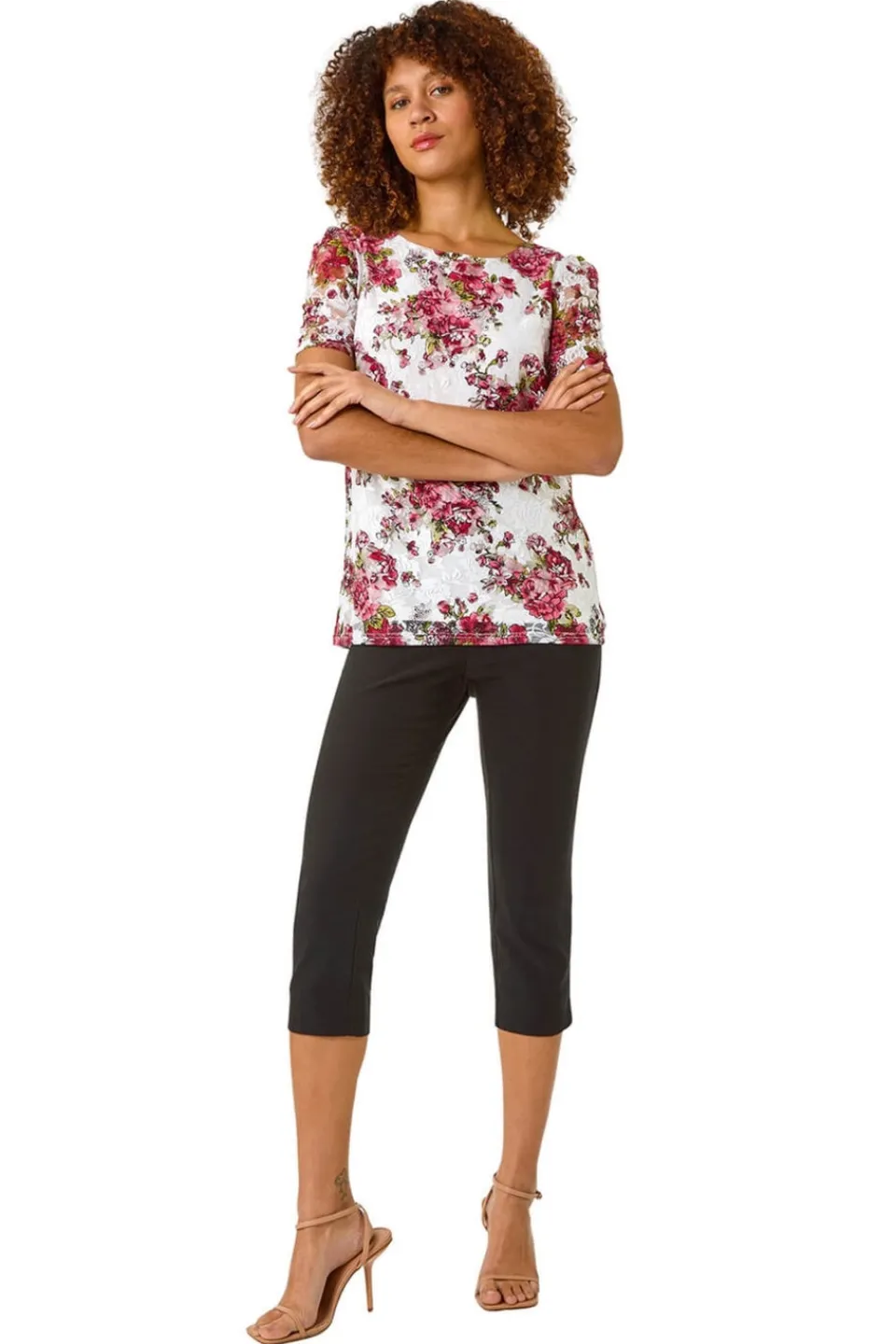 T-Shirts>Roman Burgundy Floral Print Lace Stretch Top