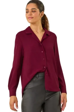 Tops>Roman Burgundy Plain V-Neck Collar Button Detail Blouse