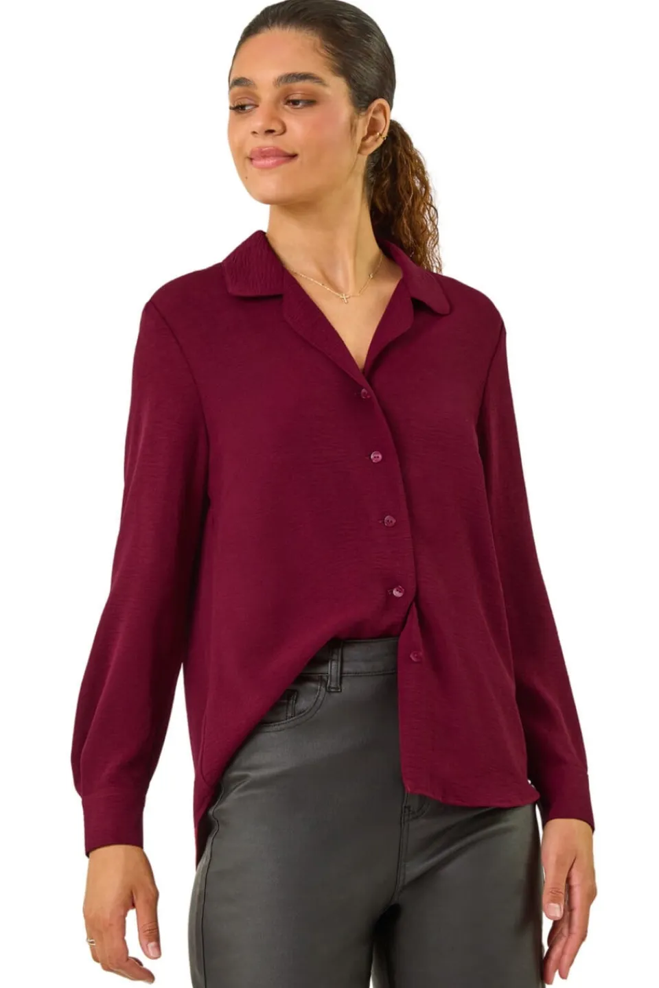 Tops>Roman Burgundy Plain V-Neck Collar Button Detail Blouse