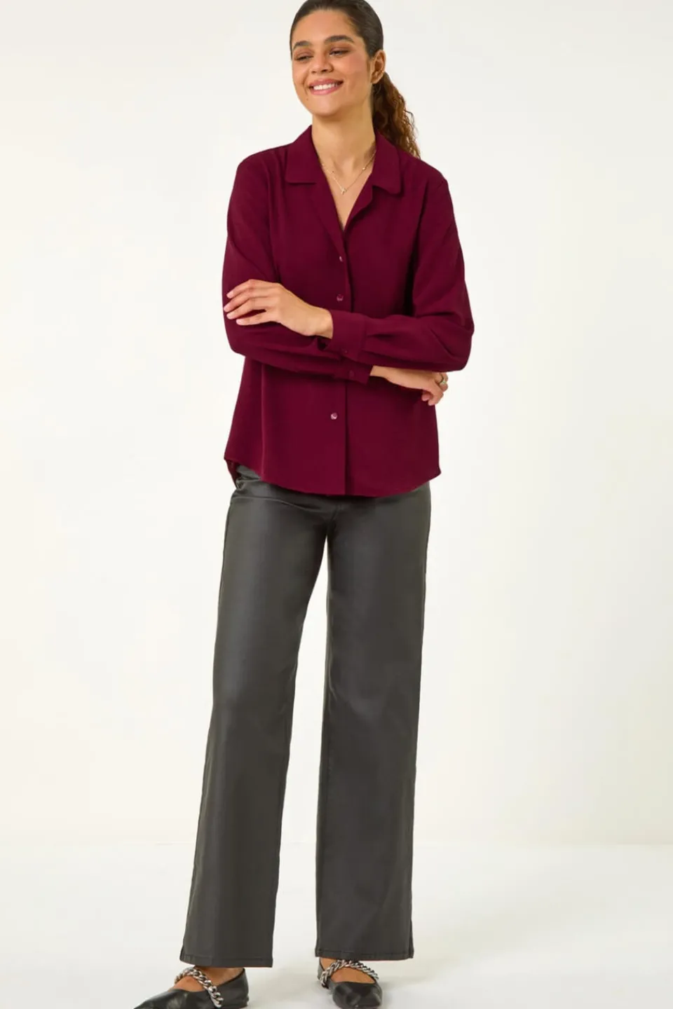 Tops>Roman Burgundy Plain V-Neck Collar Button Detail Blouse