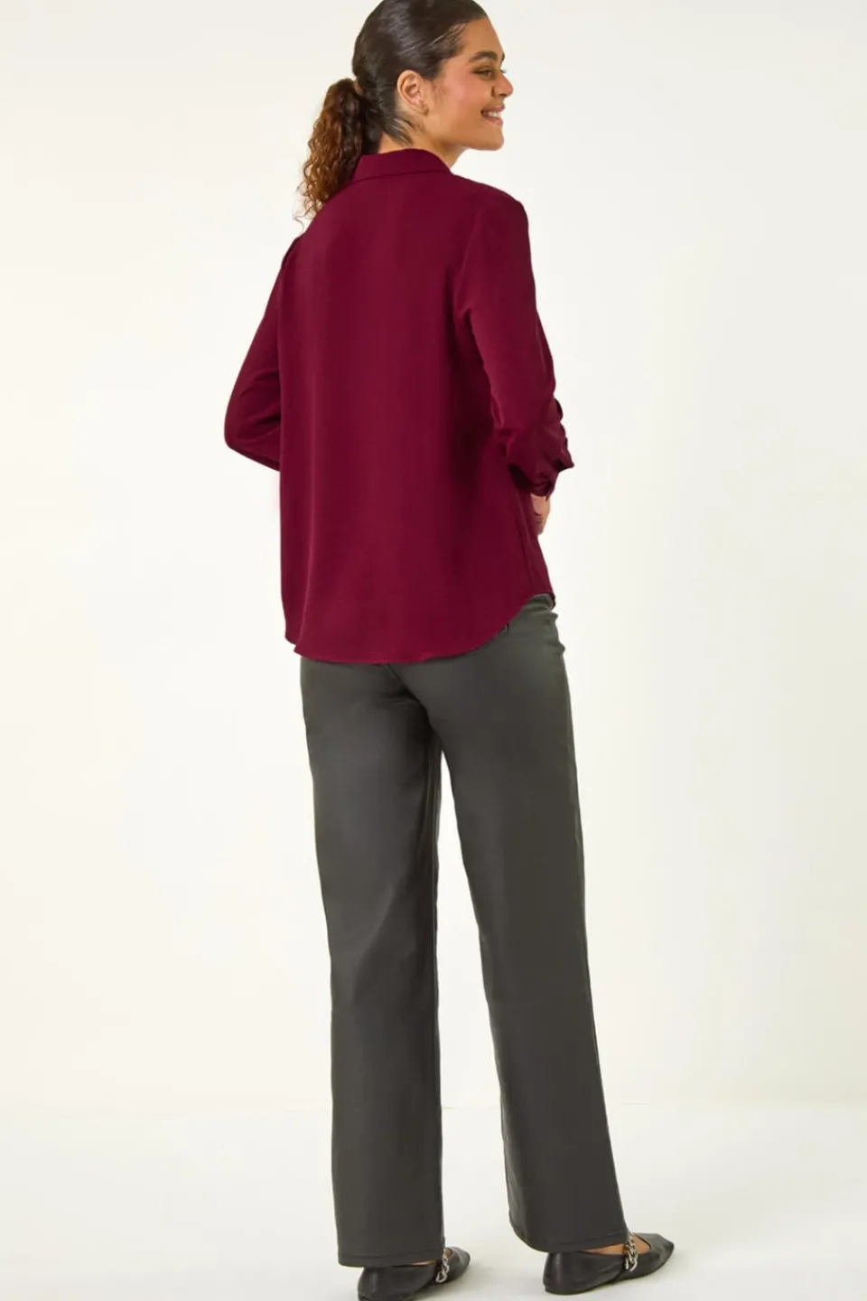 Tops>Roman Burgundy Plain V-Neck Collar Button Detail Blouse
