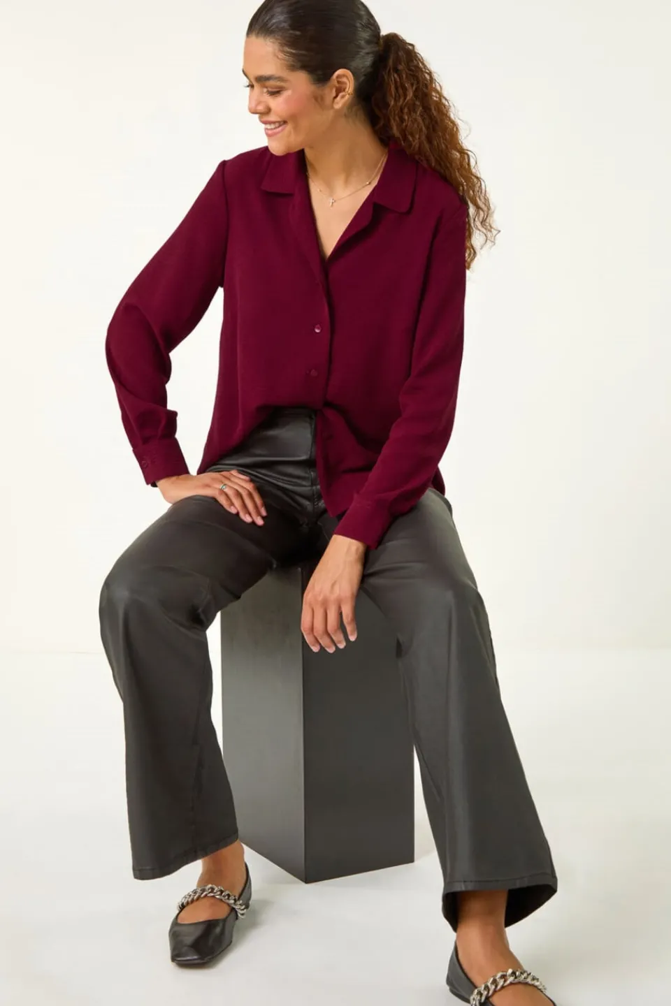 Tops>Roman Burgundy Plain V-Neck Collar Button Detail Blouse