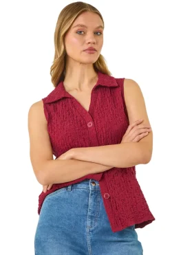 Tops>Roman Burgundy Wine Textured Sleeveless Buttoned Blouse