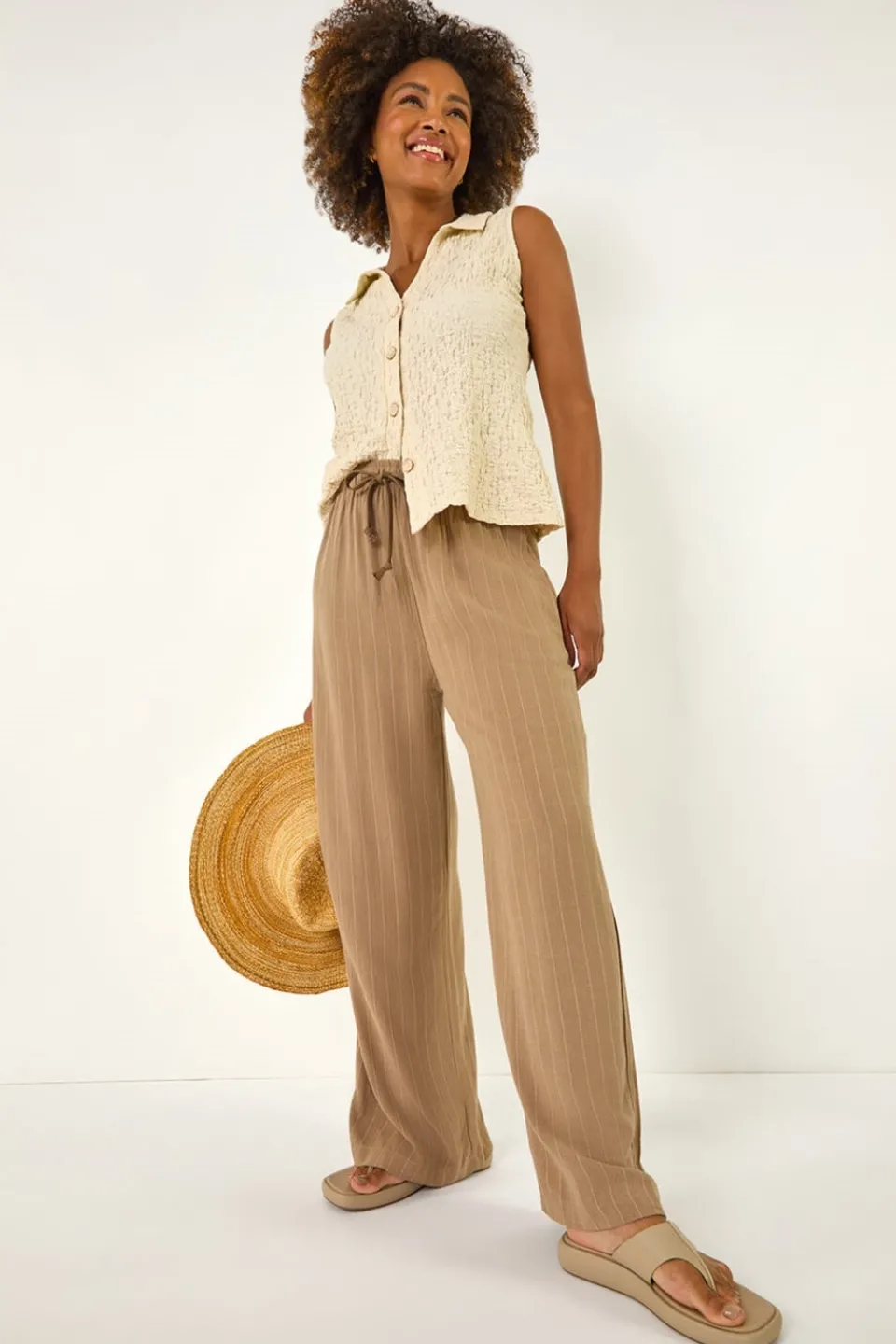 Trousers>Roman Camel Stripe Linen Blend Trouser