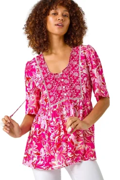 Tops>Roman Candy Pink Abstract Floral Print Tassel Top