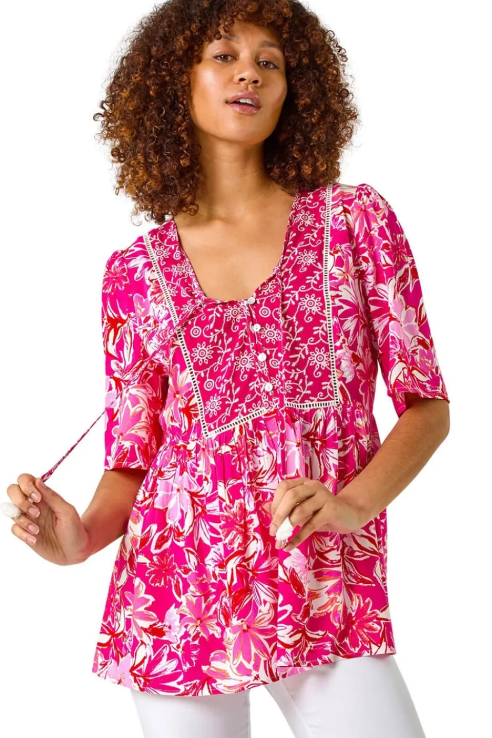 Tops>Roman Candy Pink Abstract Floral Print Tassel Top